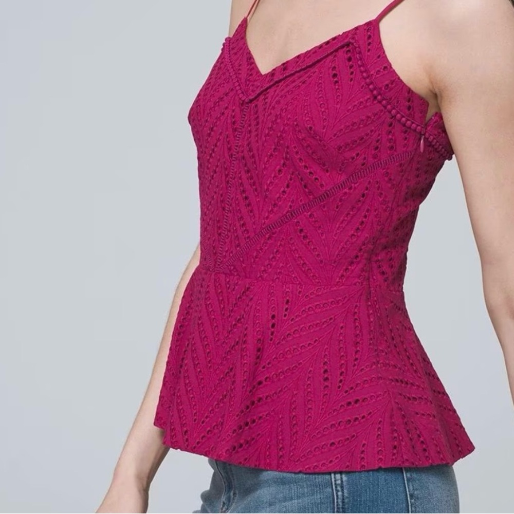 White House Black Market Blouse V Neck , Peplum Top, Spaghetti Straps Size 8